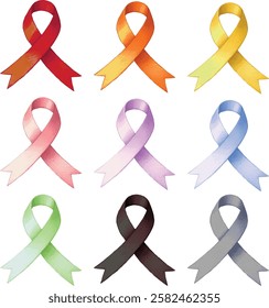 Vector illustrated cancer awarness ribbons of 9 colors