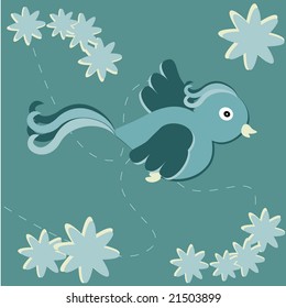 Vector illustrated card design with a flying bird, and flowers