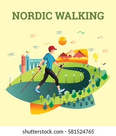 Vector illustrated card with Nordic Walking. The flat illustration of man hiking in summer city.