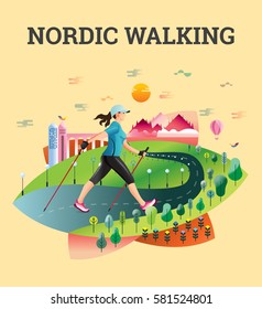 Vector illustrated card with Nordic Walking. The flat illustration of  woman hiking in summer city.