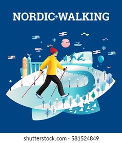 Vector illustrated card with Nordic Walking. The flat illustration of man hiking in winter city.