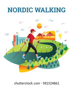 Vector illustrated card with Nordic Walking. The flat illustration of man hiking in summer city.