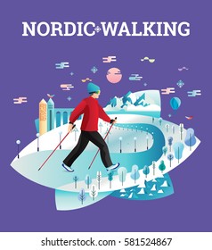 Vector illustrated card with Nordic Walking. The flat illustration of man hiking in winter city.