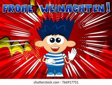 Vector illustrated cartoon boy with Merry Christmas text in German.