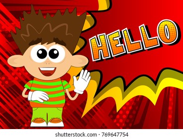 Vector illustrated cartoon boy waving his hand.