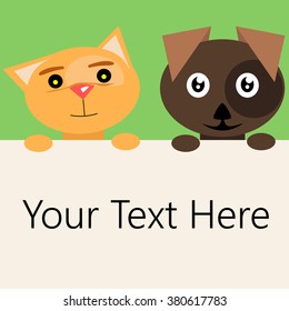 Vector illustrated cartoon cat and dog holding a blank banner.