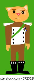 Vector illustrated cartoon cat soldier on green background.