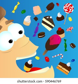 Vector illustrated cartoon character eating sweets. Addicted boy with a lot of unhealthy food.