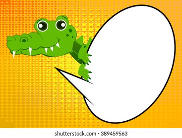 Vector illustrated cartoon crocodile holding speech bubble on comic book abstract background.
