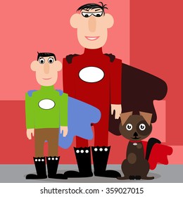 Vector illustrated cartoon father, son and their dog dressed as a superhero