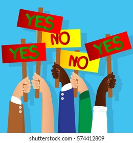 Vector illustrated cartoon hands holding yes and no vote signs.
