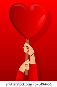 Vector illustrated cartoon hands holding heart signs.
