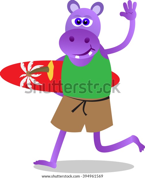 Vector Illustrated Cartoon Hippo His Surfboard Stock Vector (Royalty ...