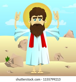 Vector illustrated cartoon Jesus with hands in rocker pose standing in the desert.