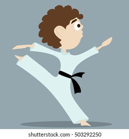 Vector illustrated cartoon kid doing karate kicks.