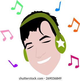 Vector illustrated cartoon man with headphone music.