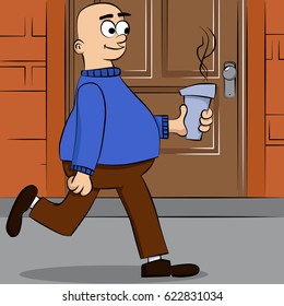 Vector illustrated cartoon man running with a cup of coffee on the street.