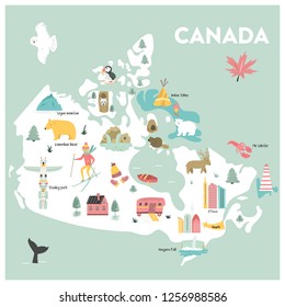 Vector illustrated cartoon map of Canada with symbols, animals, famius destinations