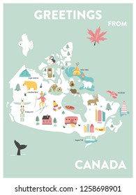 Vector illustrated cartoon map of Canada with symbols, animals, famius destinations