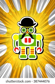 Vector illustrated cartoon retro robot toy on comic book abstract background.
