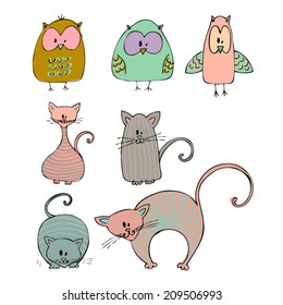 vector illustrated cats and owls