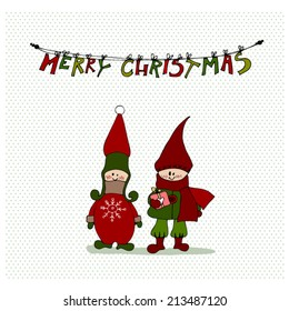 vector illustrated Christmas cards design with cute illustrated Christmas elves