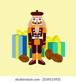 Vector - illustrated christmas motive, nutcracker and gift parcels.