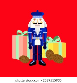 Vector - illustrated christmas motive, nutcracker and gift parcels.
