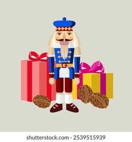 Vector - illustrated christmas motive, nutcracker and gift parcels.