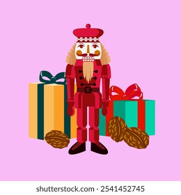 Vector - illustrated christmas motive, nutcracker and gift parcels.