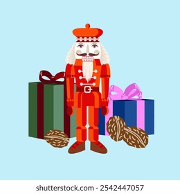 Vector - illustrated christmas motive, nutcracker and gift parcels.