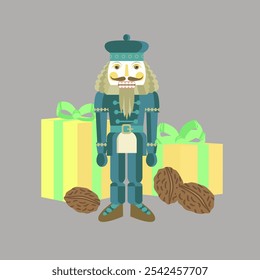 Vector - illustrated christmas motive, nutcracker and gift parcels.