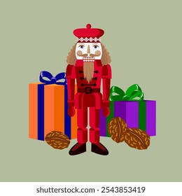 Vector - illustrated christmas motive, nutcracker and gift parcels.