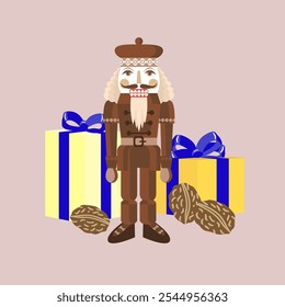 Vector - illustrated christmas motive, nutcracker and gift parcels.