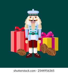 Vector - illustrated christmas motive, nutcracker and gift parcels.