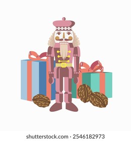 Vector - illustrated christmas motive, nutcracker and gift parcels.