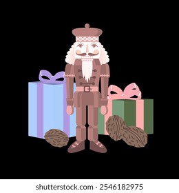 Vector - illustrated christmas motive, nutcracker and gift parcels.