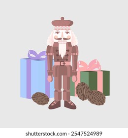 Vector - illustrated christmas motive, nutcracker and gift parcels.