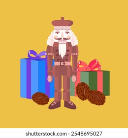 Vector - illustrated christmas motive, nutcracker and gift parcels.