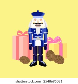 Vector - illustrated christmas motive, nutcracker and gift parcels.