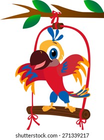 Vector illustrated colorful and cute parrot standing on the swing