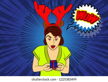 Vector illustrated comic book style, cartoon woman holding a small gift box. Wow text in a speech bubble.