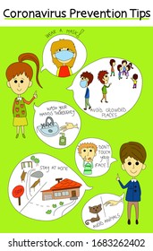 Vector illustrated Coronavirus Prevention tips. Educational art. How to avoid Coronavirus epidemic. Cartoon line art.