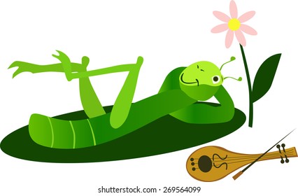 Vector illustrated cricket on a green leaf with violin.