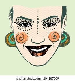 vector illustrated cute abstract girl with retro background