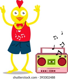 Vector illustrated cute Chicken dancing with cassette player.