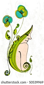 vector illustrated cute girl with abstract flower