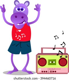 Vector illustrated cute hippo dancing with cassette player.