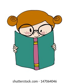 vector illustrated cute little girl with book