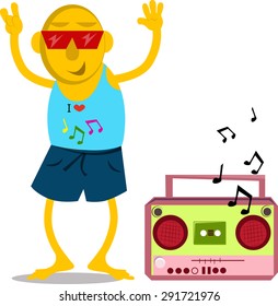 Vector illustrated cute man dance with cassette player.